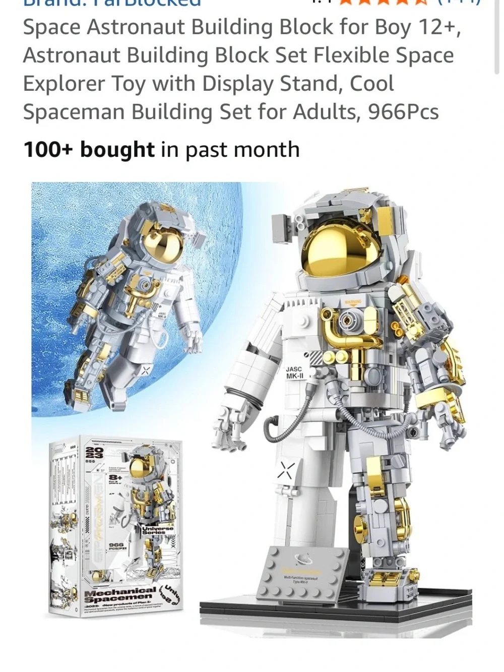 FarBlocked White Astronaut Building Block Figure with Gold Visor Accents